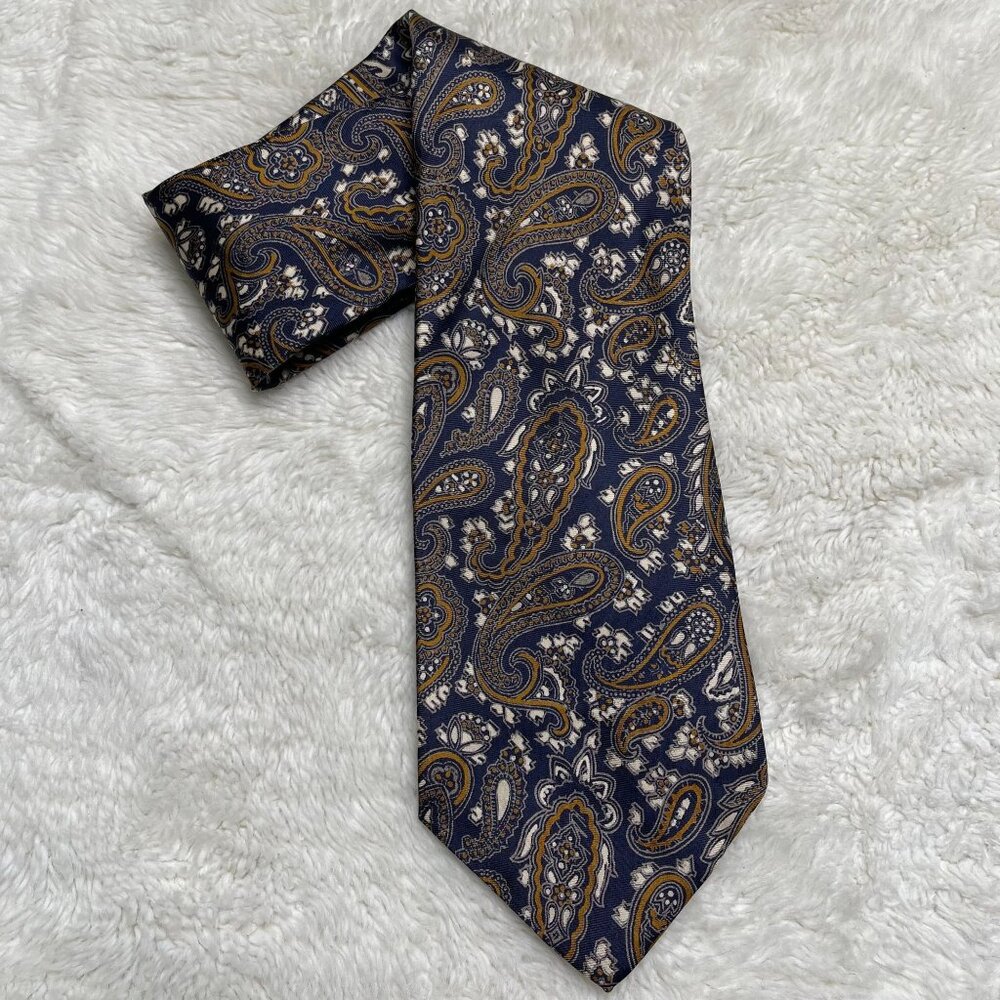 Yves Saint Laurent Men's Blue Yellow Paisley Print 100% Silk Tie YSL